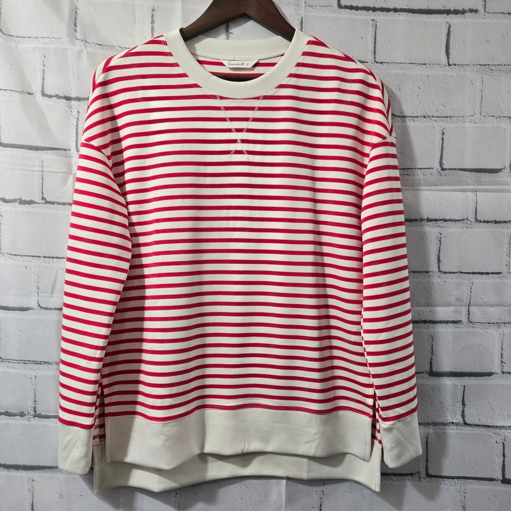 Glamaker Women Red Cream Striped Crewneck Sweatshirt‎ Relaxed Fit Small